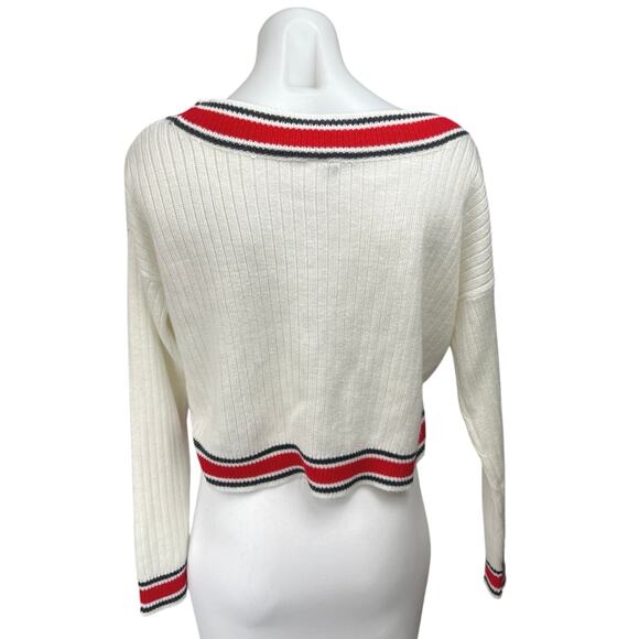 Divided by H&M White Red Long Sleeve Ribbed Knit V Neck Cropped Sweater Top S - Picture 2 of 4